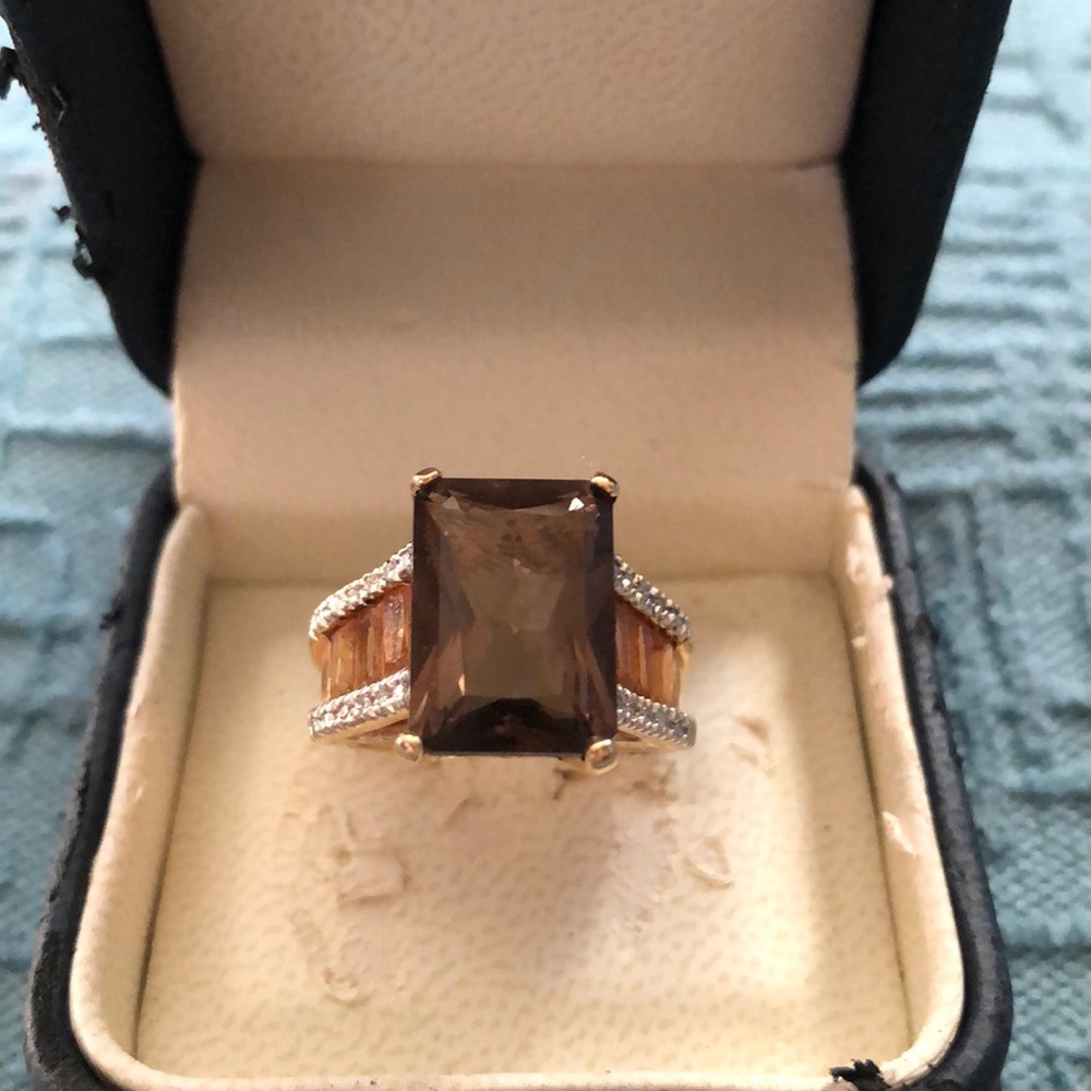 Smoky quartz ring w/citrine & diamonds in 14K